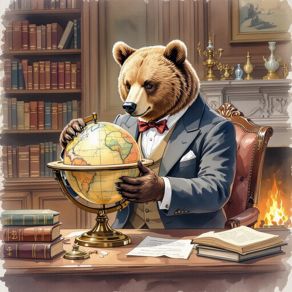 Bear Restoring Globe in Whimsical Watercolor Style