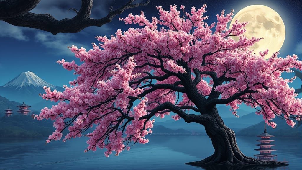 Majestic Sakura Tree Under Nighttime Moonlight