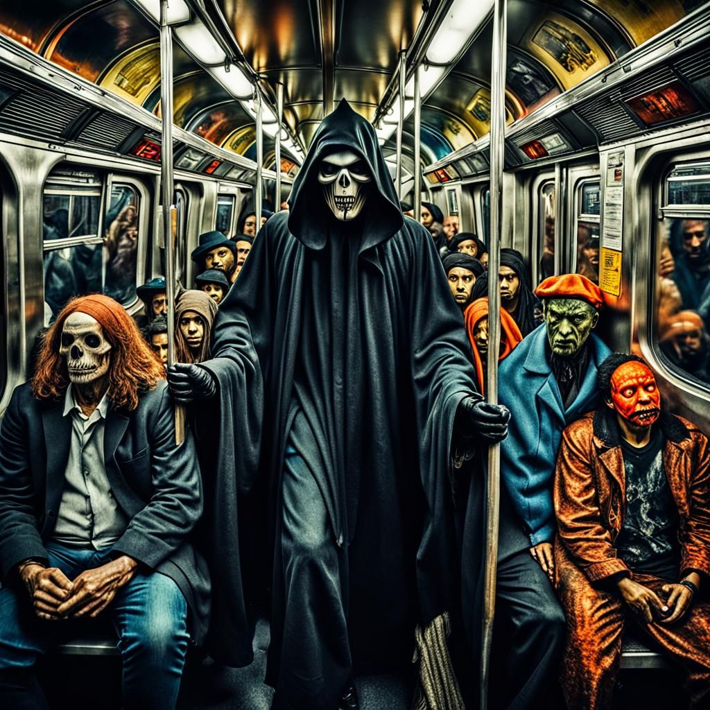 Grim Reaper Rides Subway in Gothic Surrealism