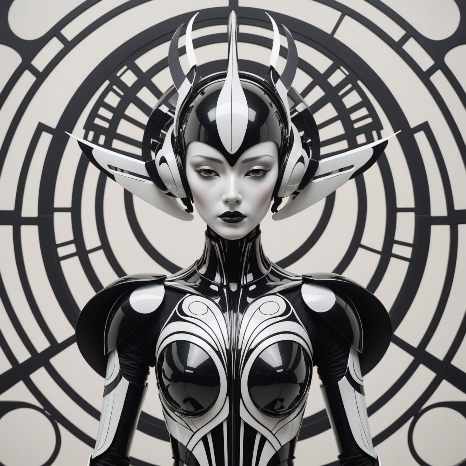 Elegant Futuristic Humanoid Figure in Striking Black and Whi...