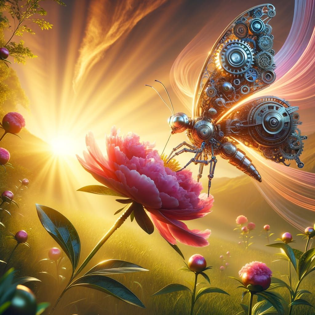 Robotic Butterfly Drinks Nectar in Sunrise