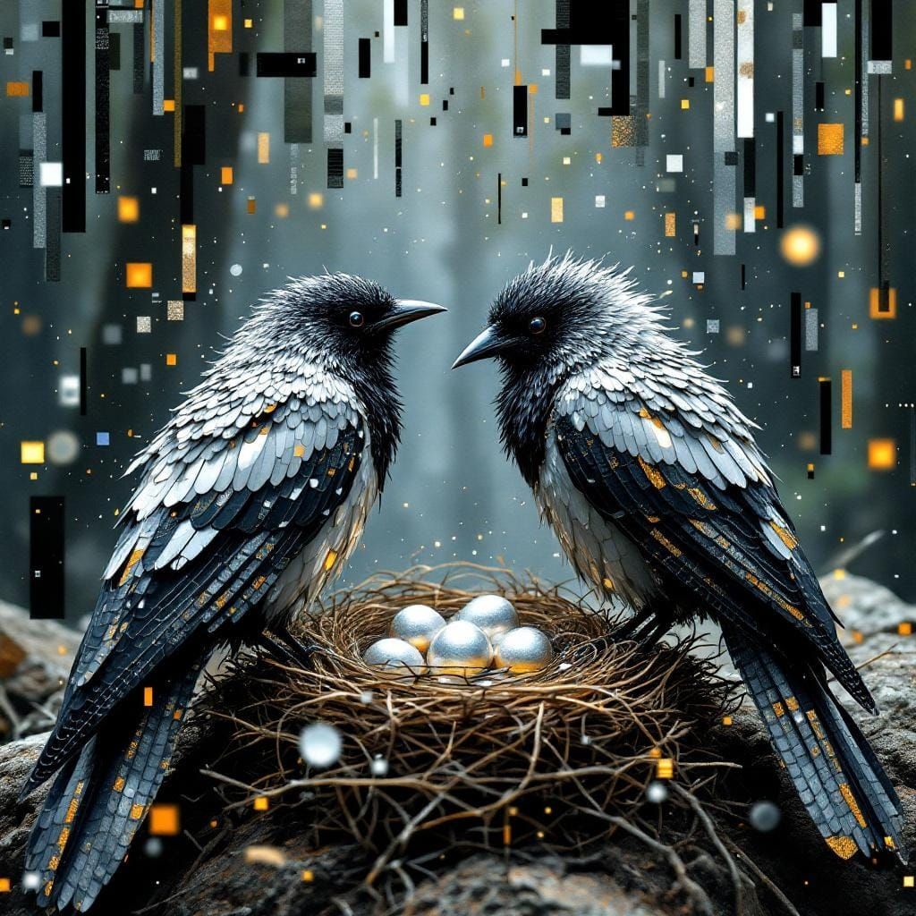 Magpies Discover Silver Eggs in Glitch Art Style