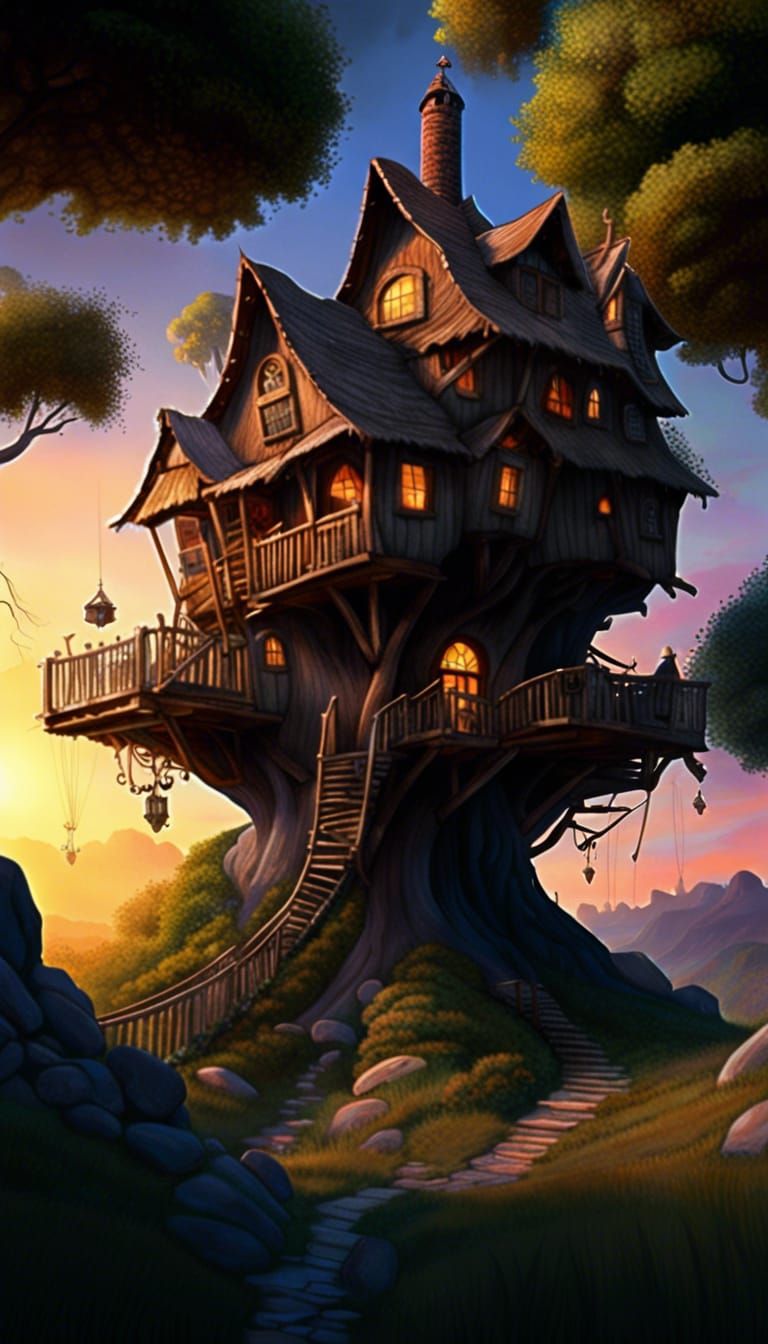 Fairytale Treehouse Village in Valley at Sunset