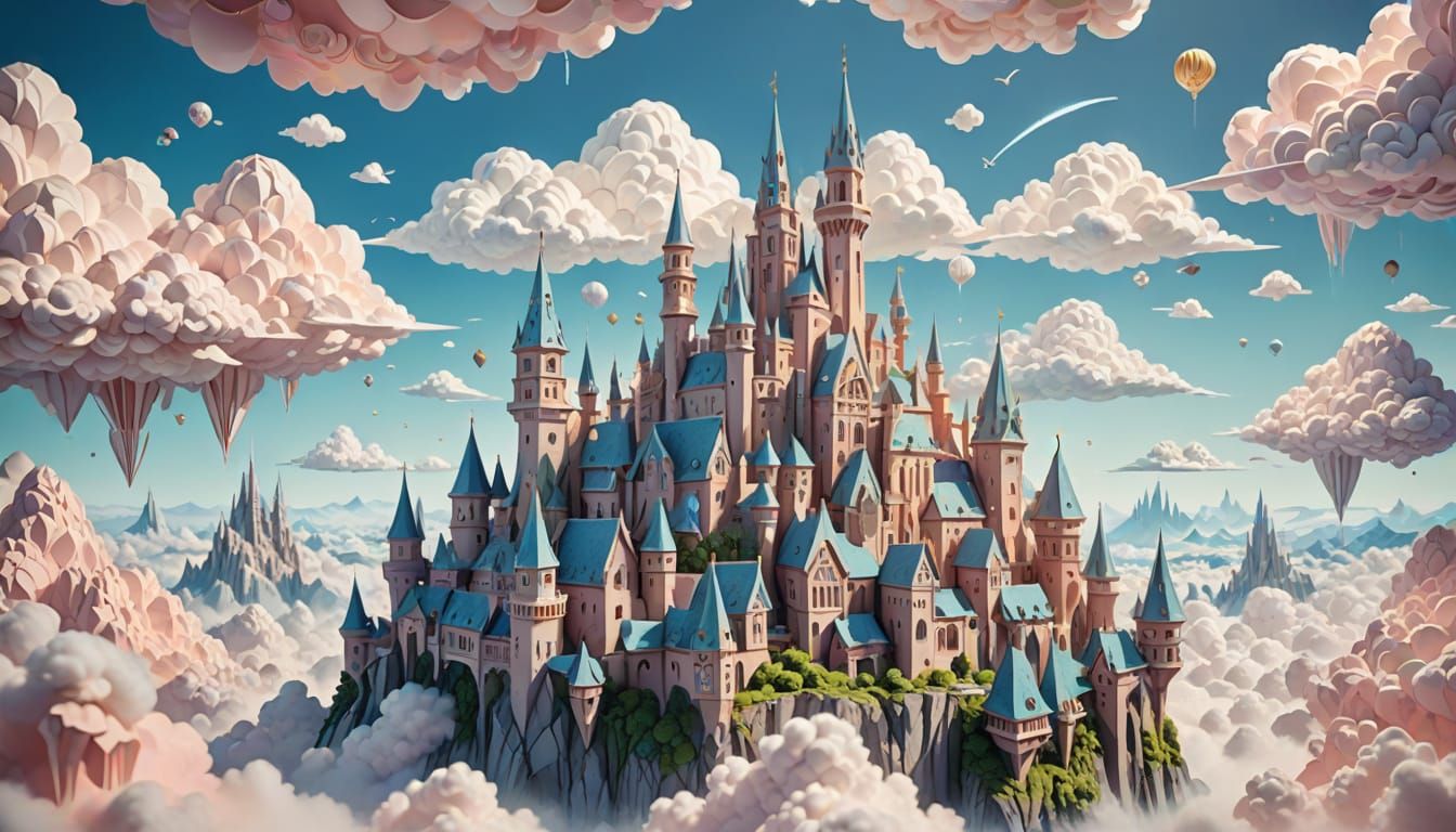 Fantastical Papercraft Kingdom Floating in Ethereal Clouds