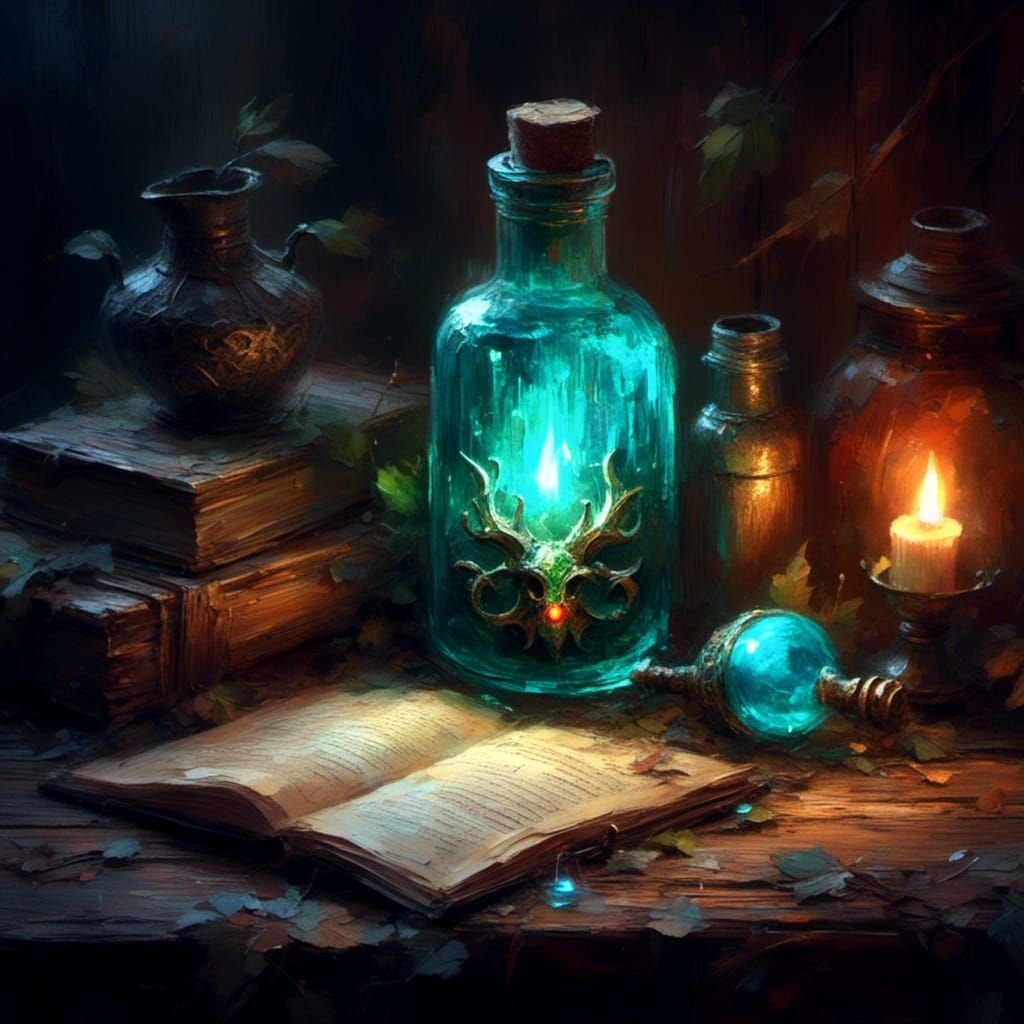 Glowing Health Potion on Wooden Table: Oil and Grunge