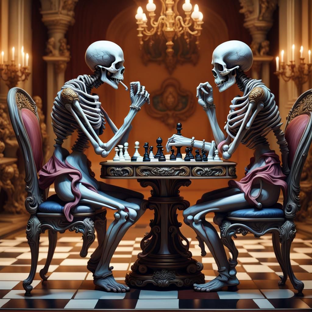 Skeletons Play Chess in Art Nouveau Style