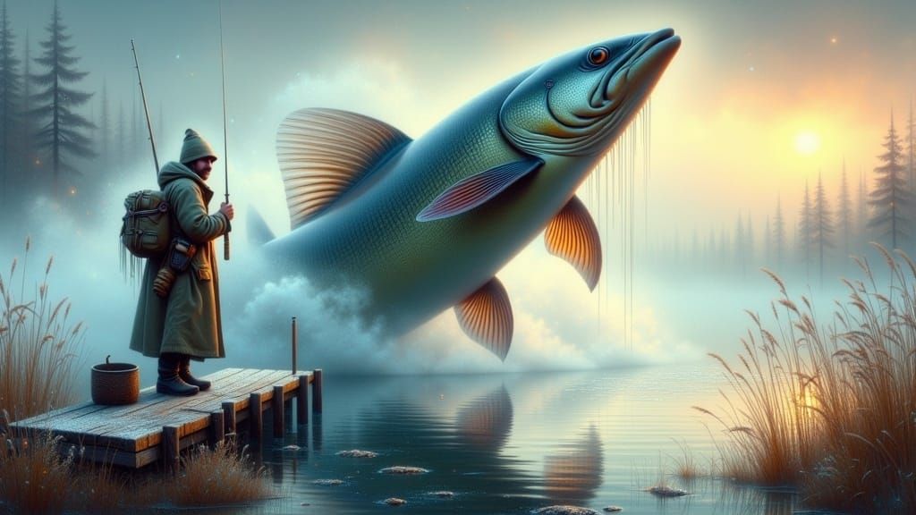 Fisherman Battles Giant Pike on Misty Lake