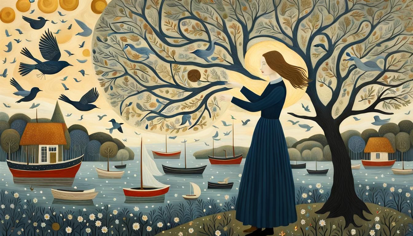 Woman Holding Tree in Surreal Universe