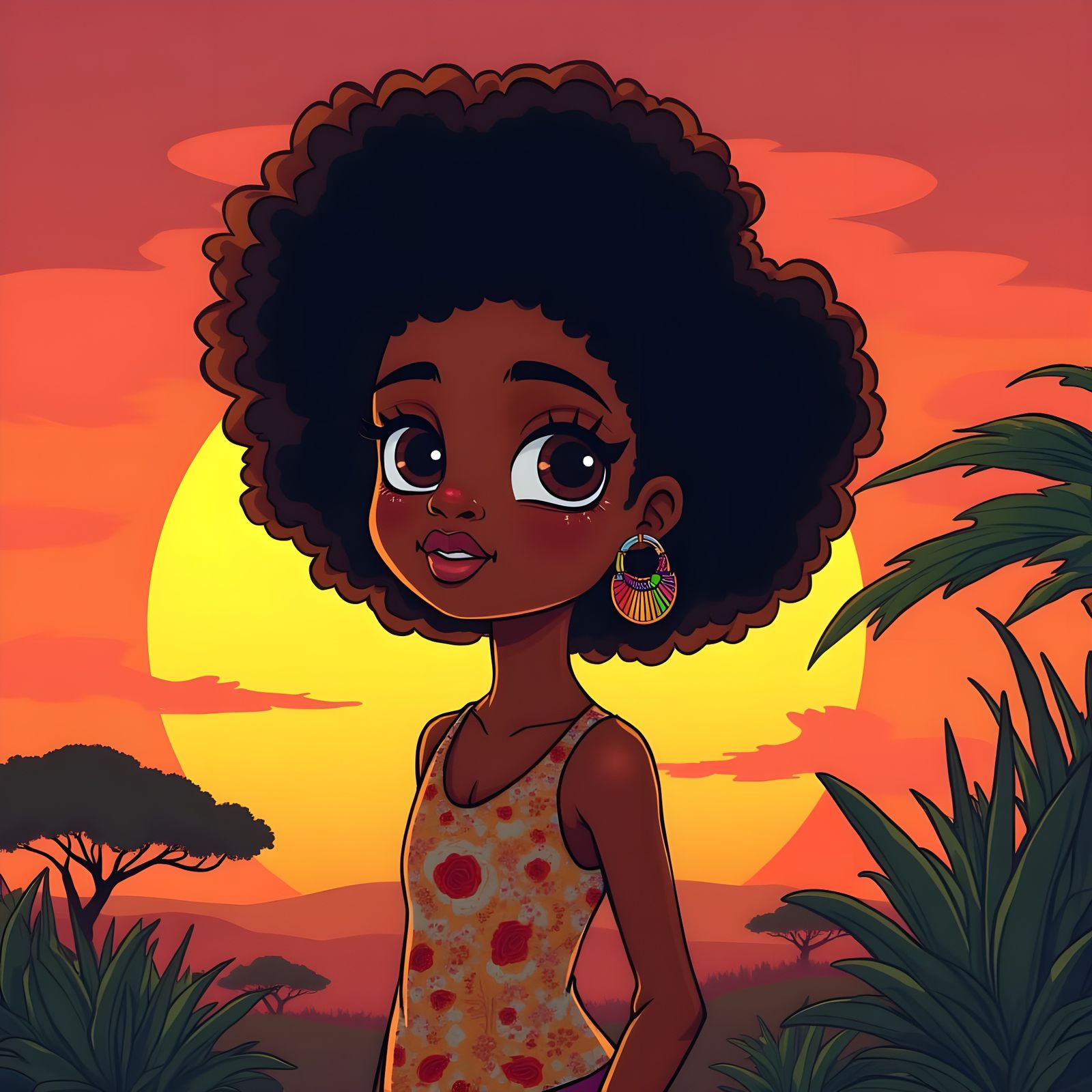African Sunset Beauty in Cartoon Style