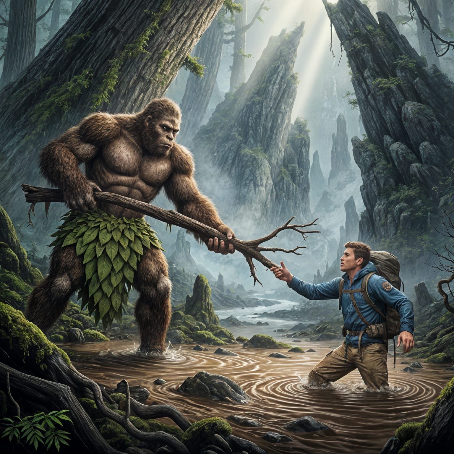 Bigfoot Rescues Hiker from Quicksand with Stick