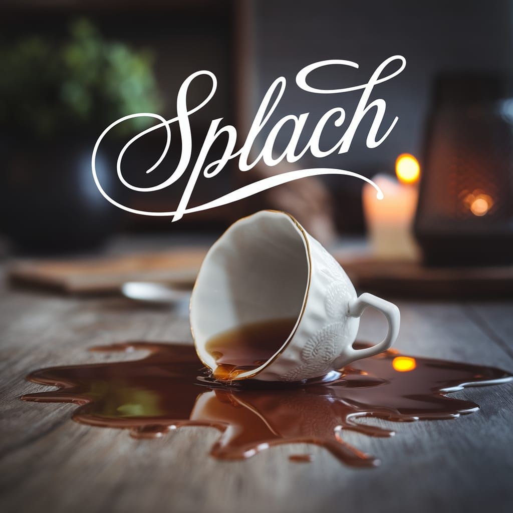 Broken Teacup with Spilled Tea Spelling "Splach"