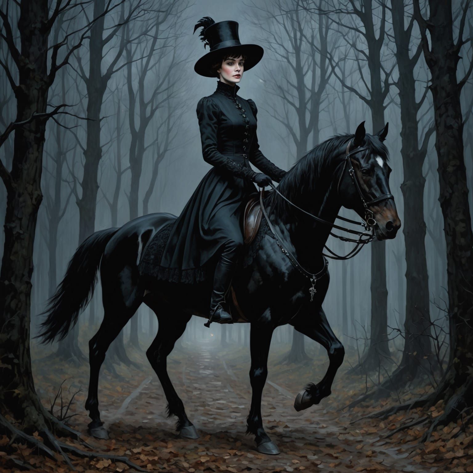 Gothic Woman on Stallion in Dark Forest