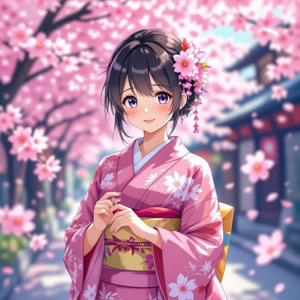 Anime Girl in Kimono with Glass Cherry Blossoms