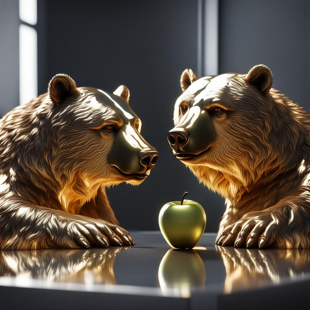 Grizzly Bear Reflection in Mirrored Golden Apple