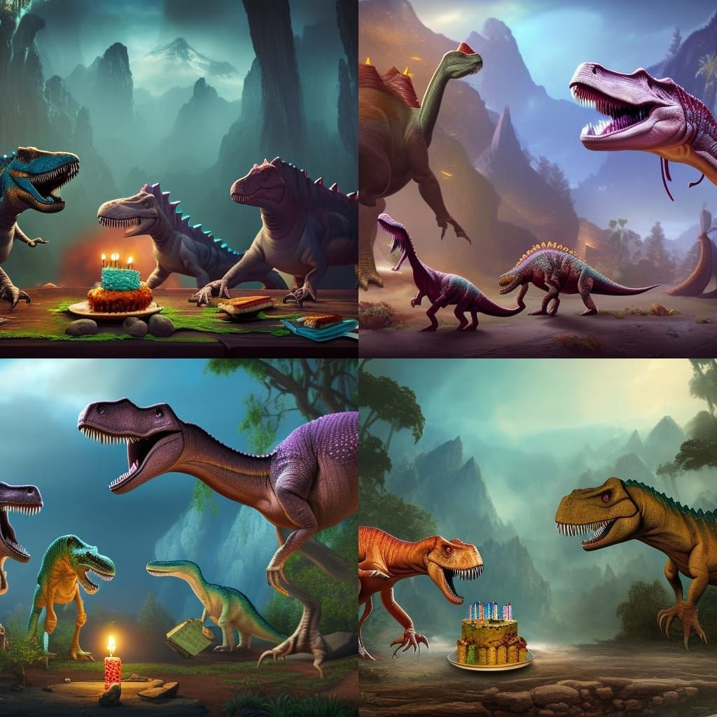 dinosaurs having a birthday party eating cake and opening gi...