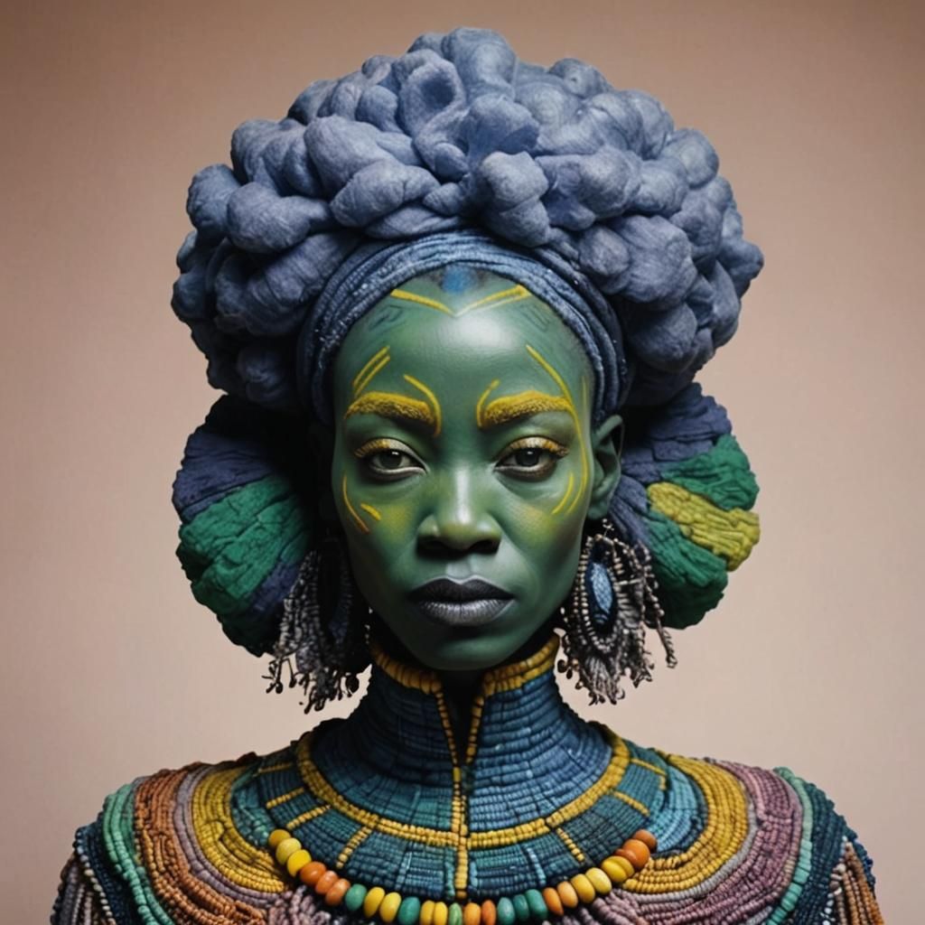 Pastel African Folklore Portrait in Textile Sculpture Style