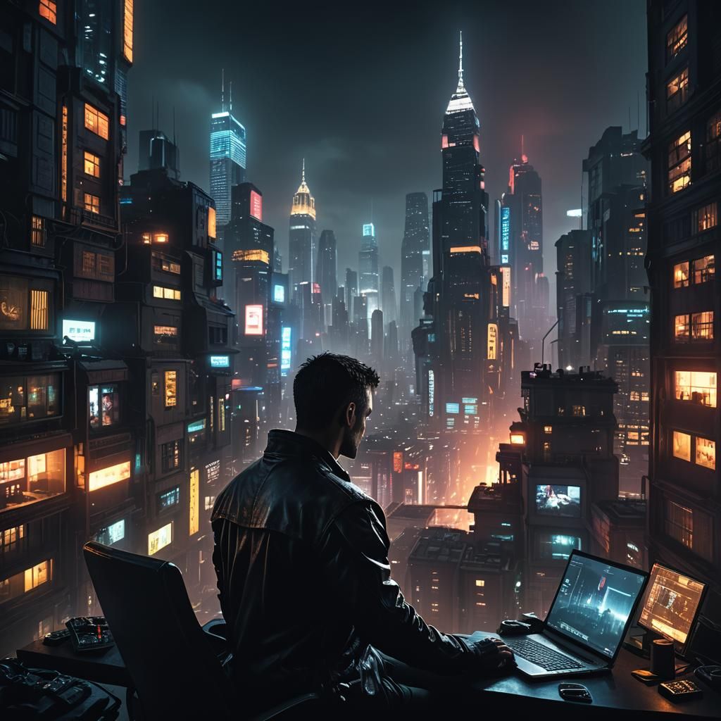 Hacker in Cyberpunk apartment 1