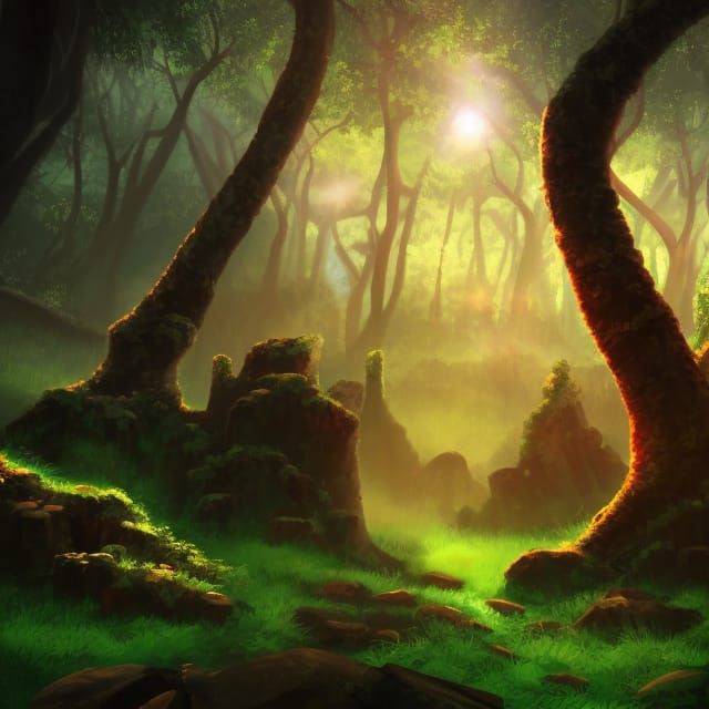 Magical Forest Ruins with Glowing Lights, Fantasy Art