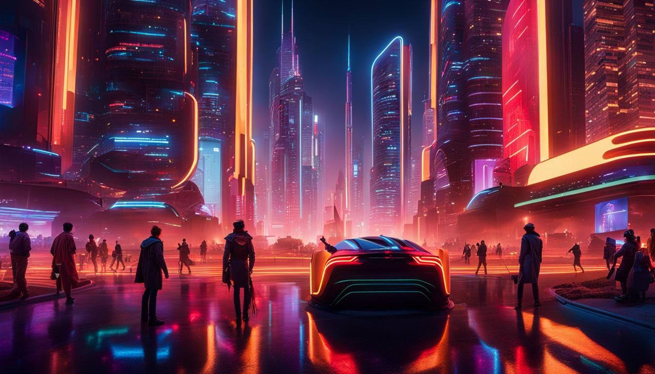 Futuristic Cityscape at Night with Flying Cars