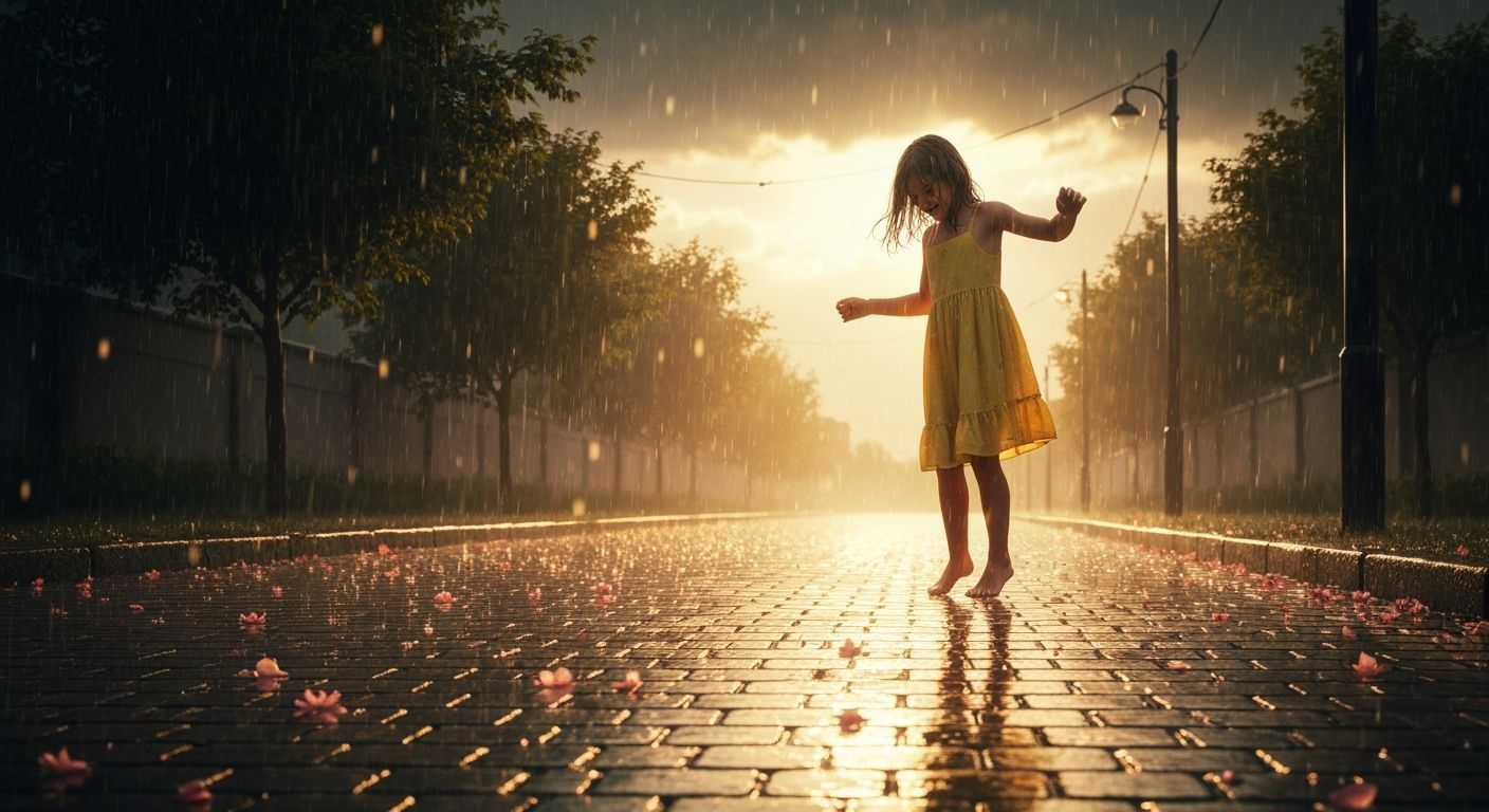 Dreamy Summer Rain: Girl Dancing in Golden Light