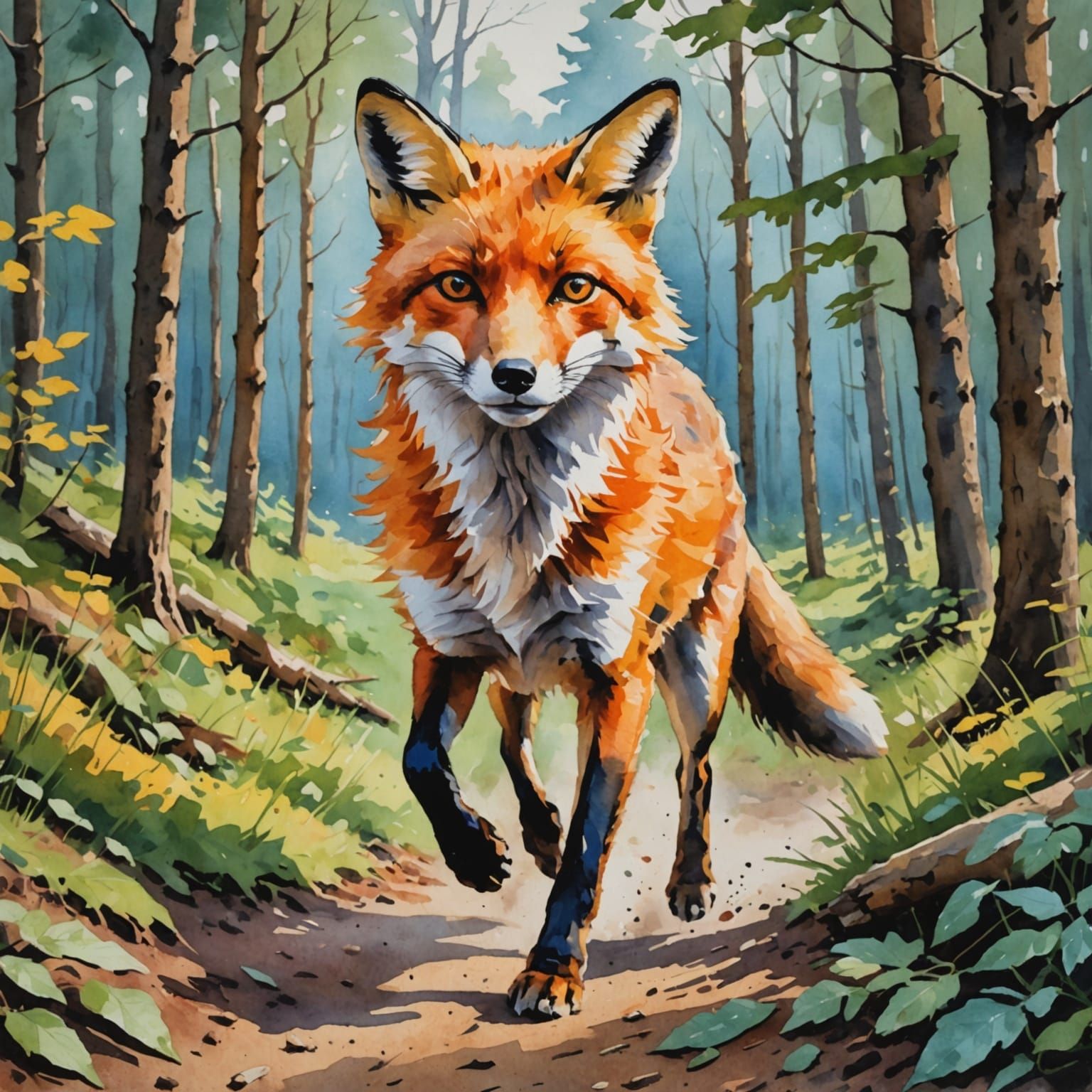 Fox Running Through Woods in Gouache Watercolor Style