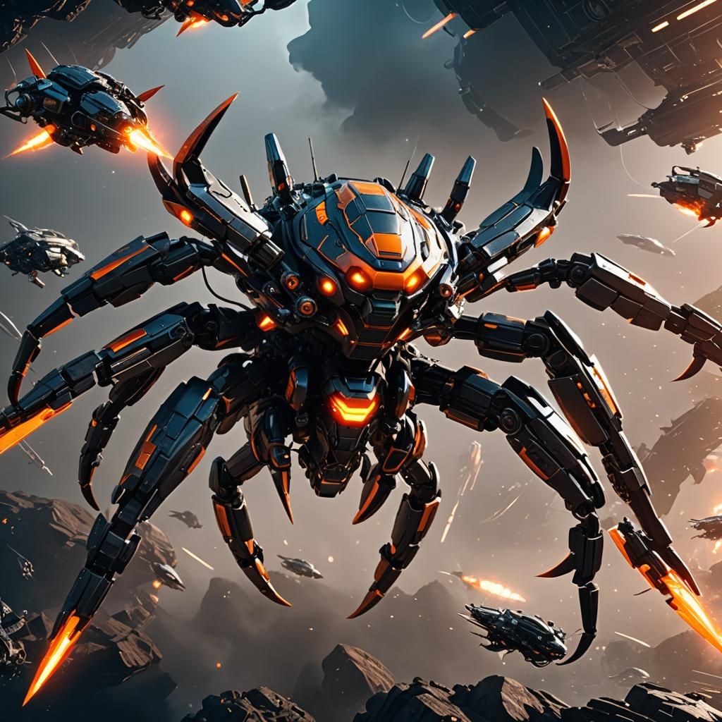 Robotic Kraken in Space With Orange Lights