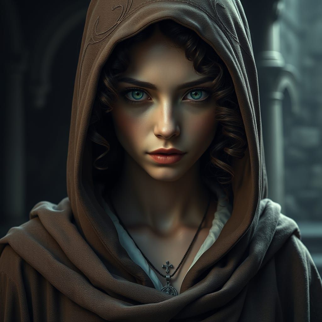 Mysterious Young Nun in Earth-Toned Robes