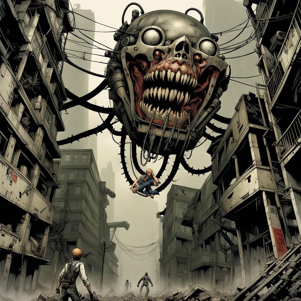 Art by Tsutomu Nihei, Hiroya Oku, Masamune Shirow, inspired by 'Signalis,' 'Silent Hill,' and 'Resident Evil,' an upside...