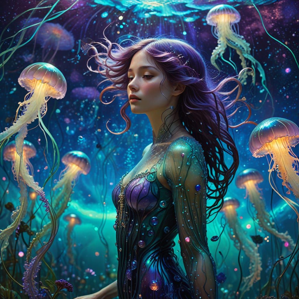 Ethereal Woman with Water Hair in Art Nouveau Style