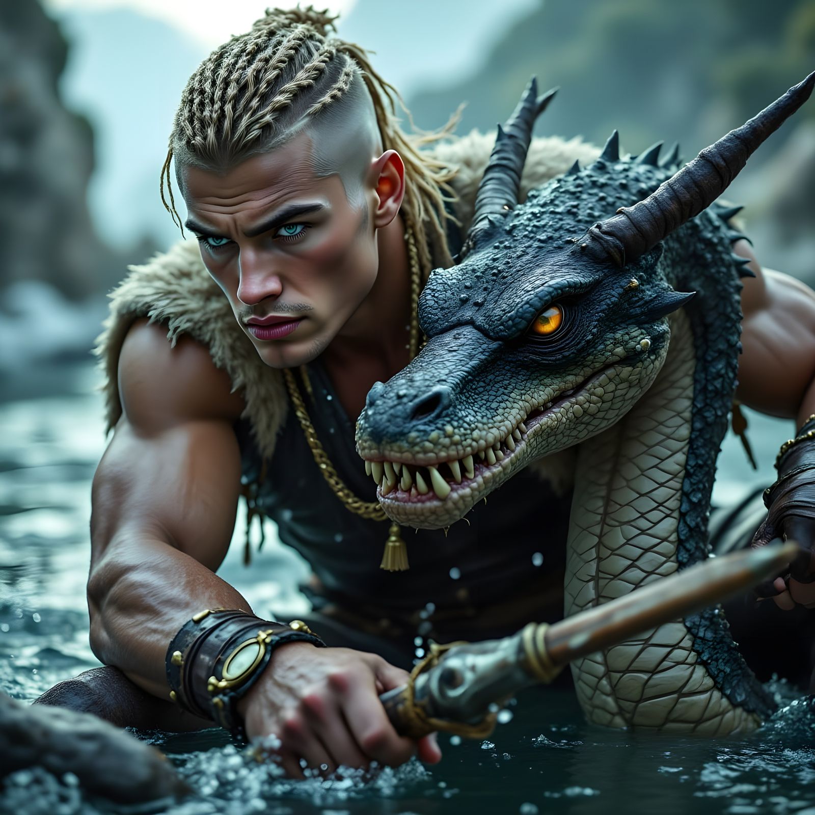 Viking Warrior Defends Ship From Sea Serpent Cinematic