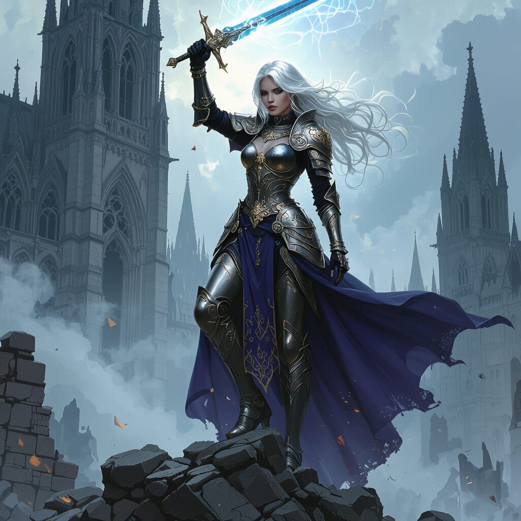 Ethereal Warrior Queen in Gothic Cathedral, Caravaggio Light...