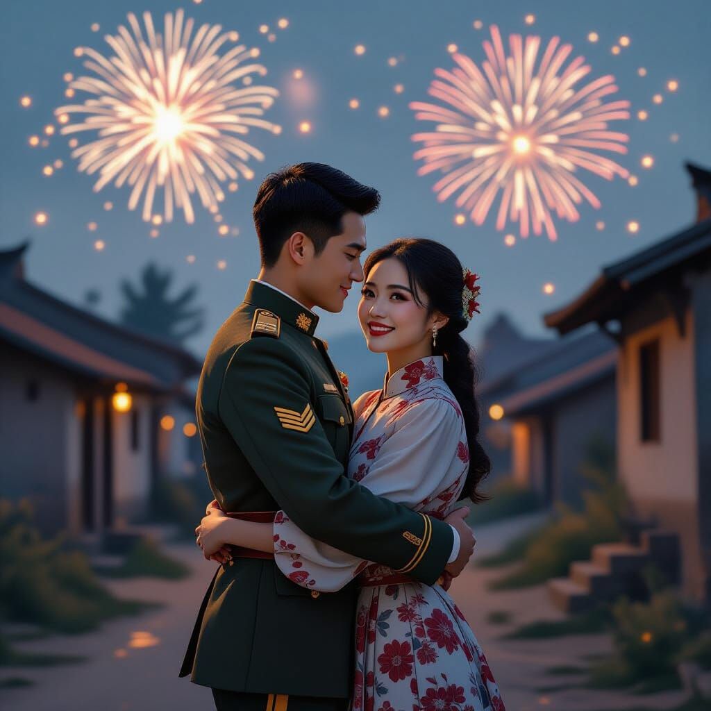 Romantic Republic of China Couple in Fireworks Display
