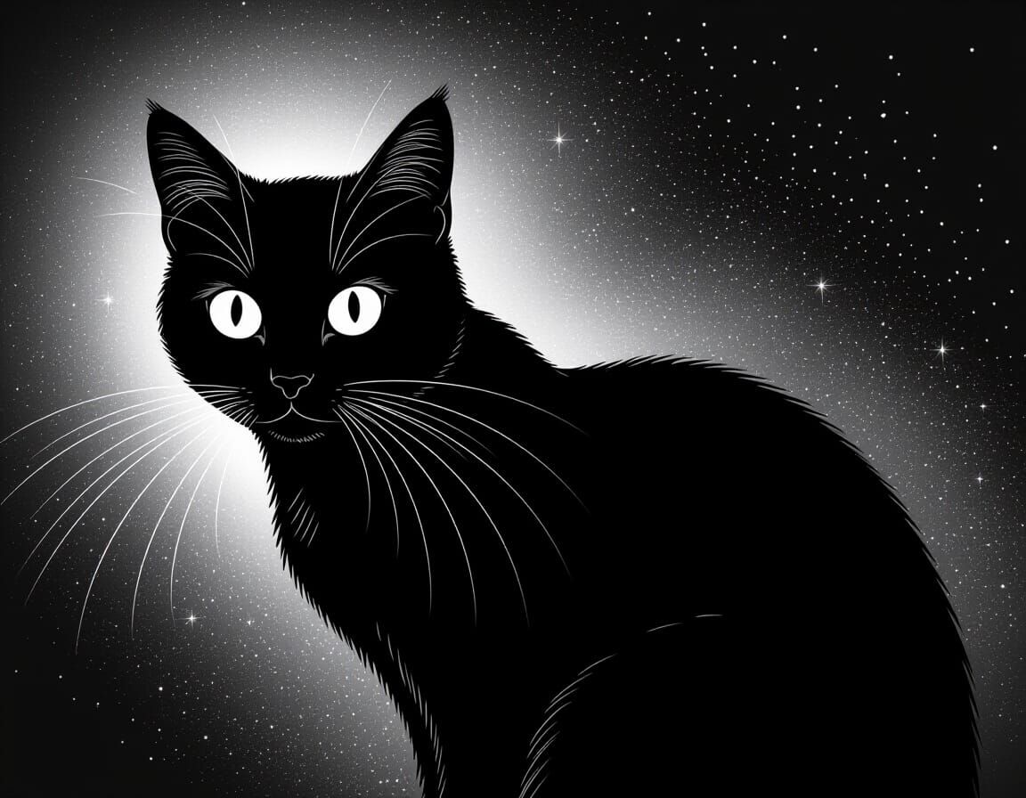 Mysterious Black and White Cat Silhouette in Darkness