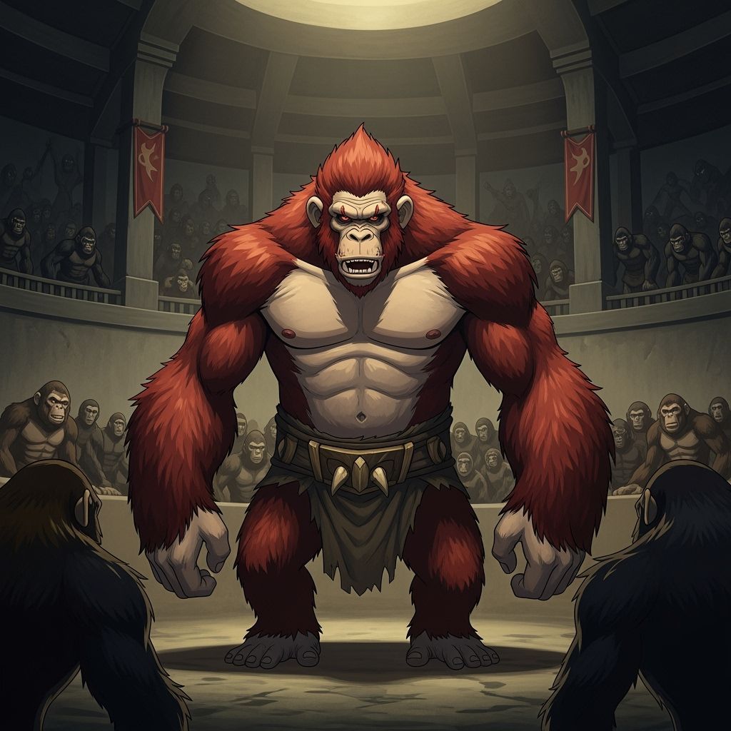 Fierce Apefolk Warrior in Dimly Lit Arena