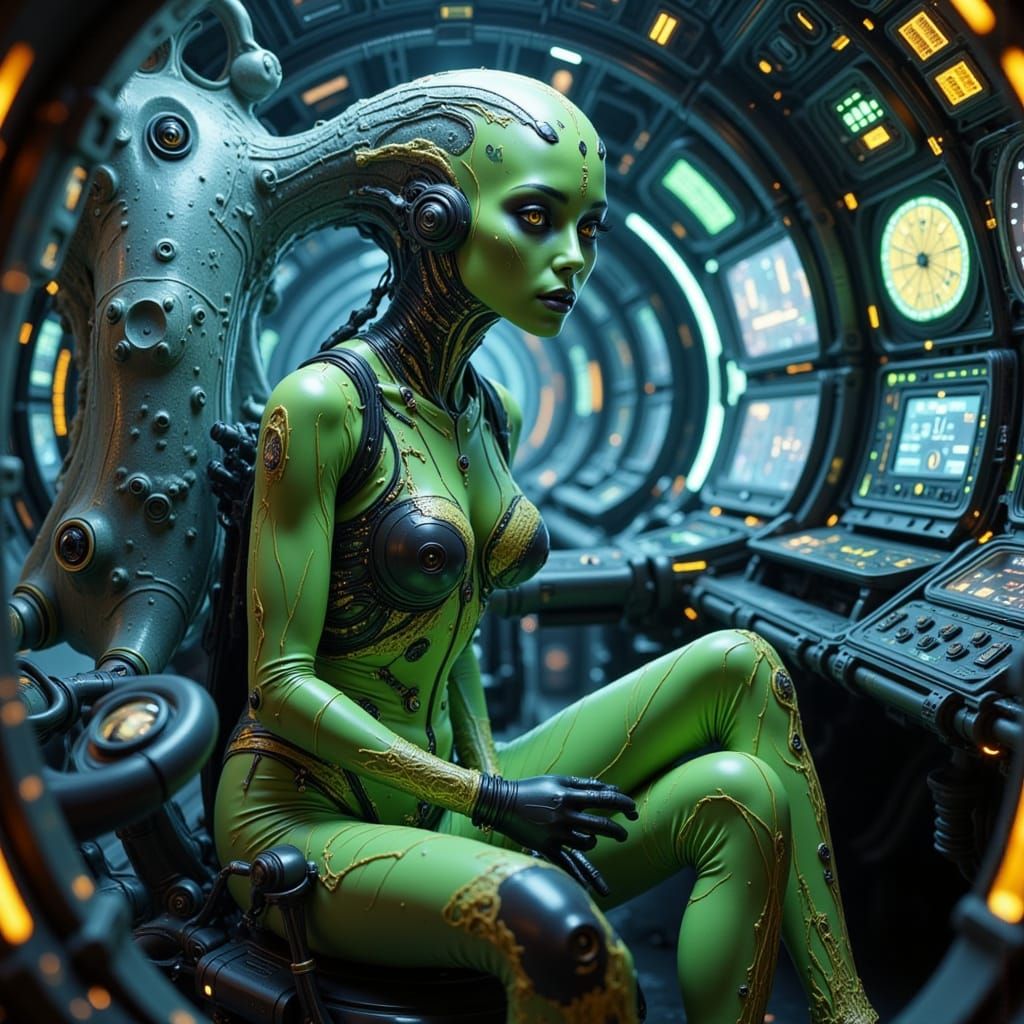 Green Alien Woman in Futuristic Spaceship Cockpit