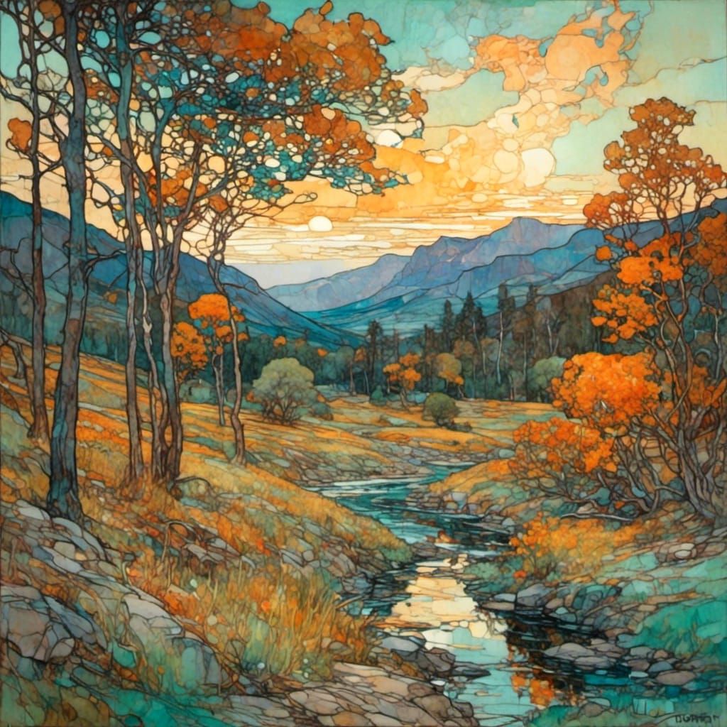 Vibrant Landscape in Art Nouveau Style
