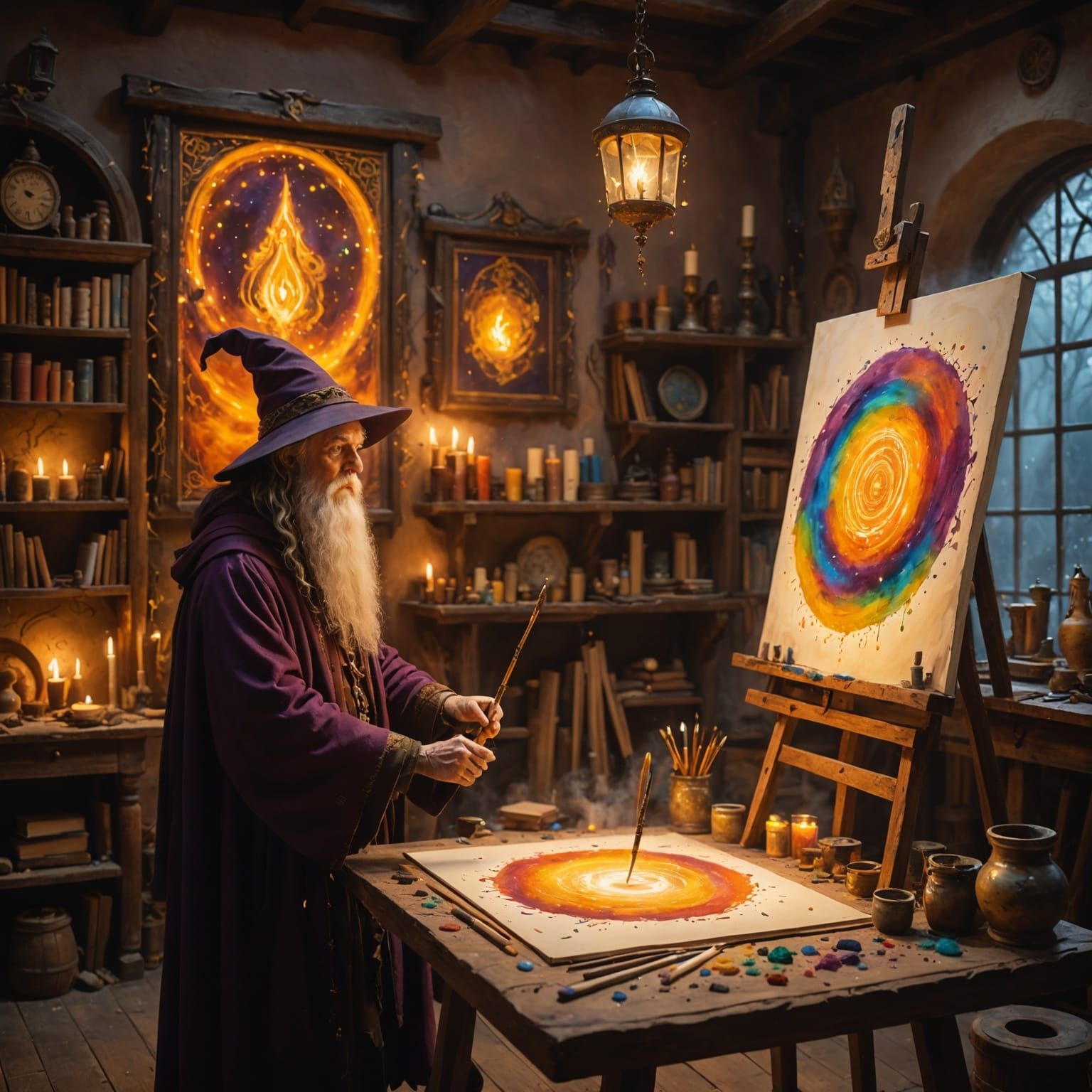 Fantasy Wizard Paints Magical Canvas in Glowing Studio