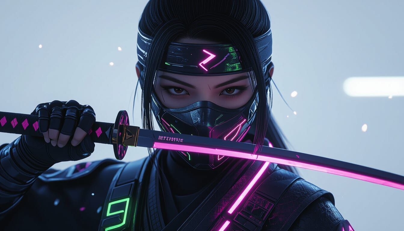 Futuristic Ninja with Katana in Hyper-Realistic Style
