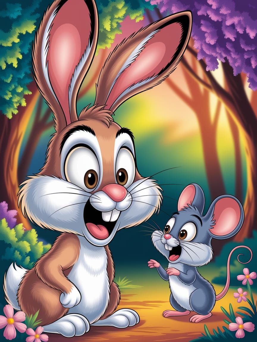 Cartoon Rabbit and Mouse Expressing Astonishment