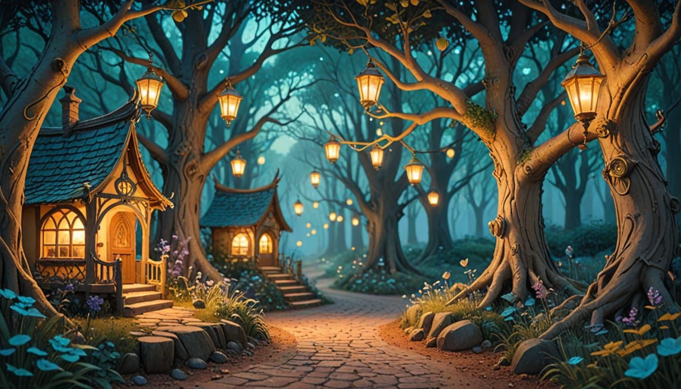 Fantasy Forest Square at Dusk in Whimsical Style
