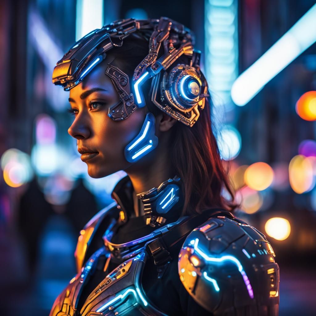 Cyborg Girl Portrait in Neon City, Hyperrealistic