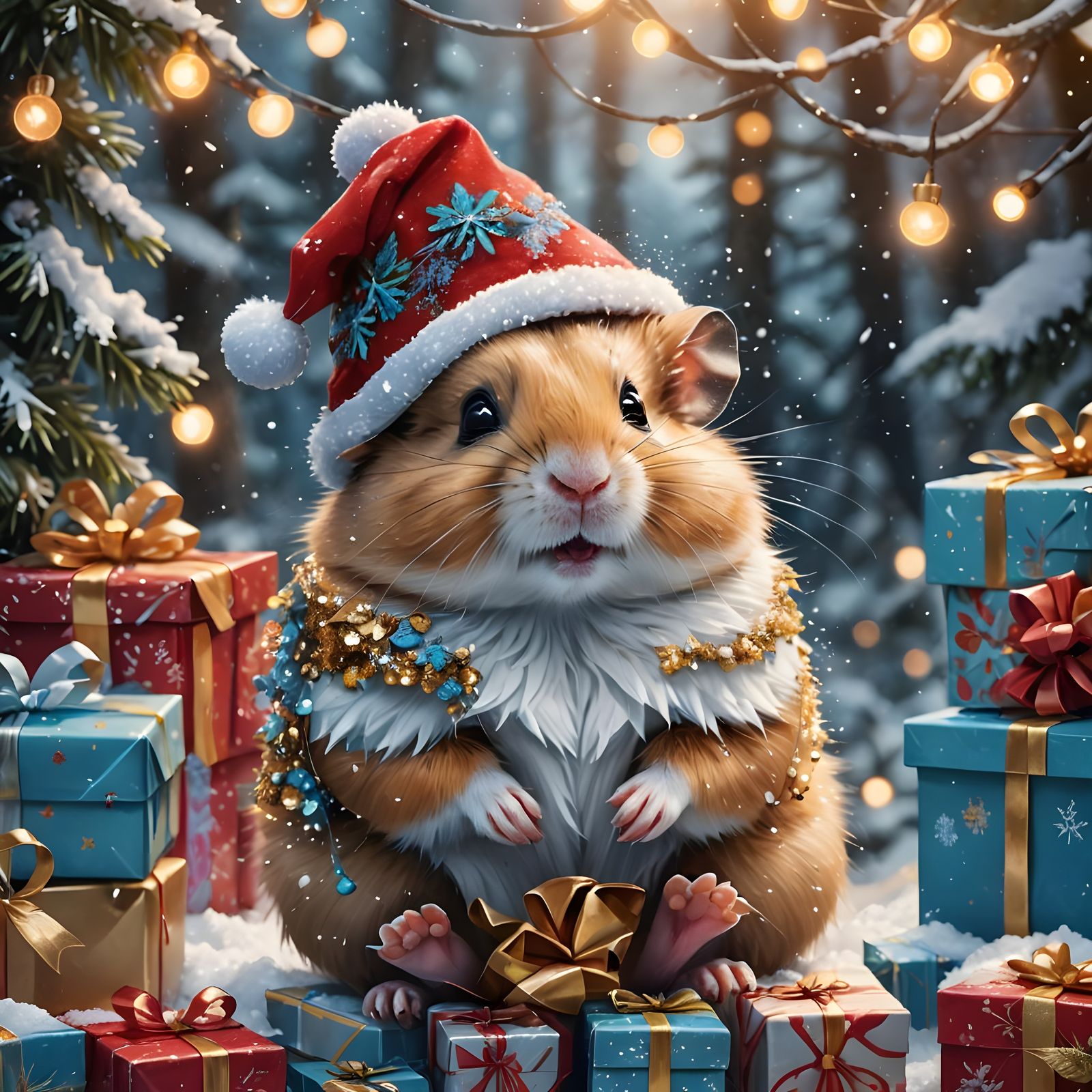 Hamster in Christmas Hat, Detailed Fantasy Art