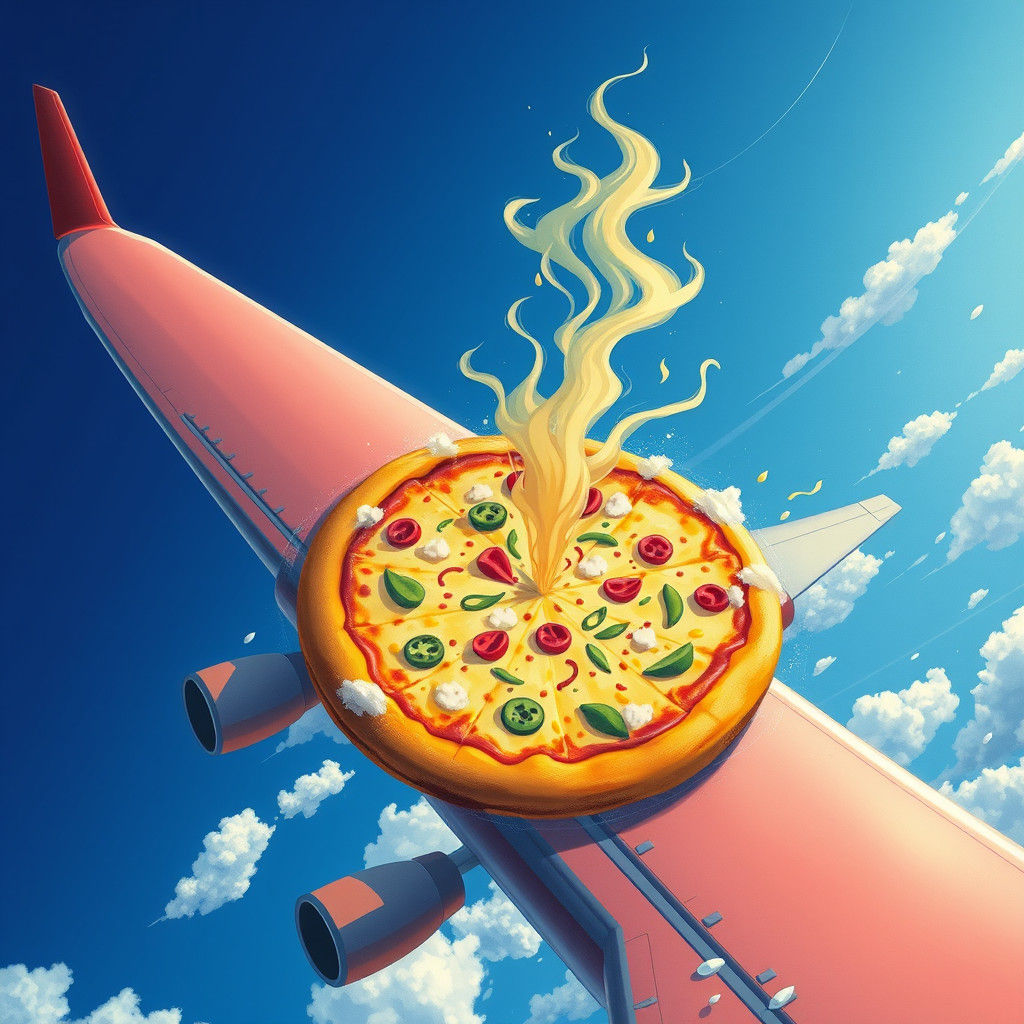 Giant Pizza Flies on Plane in Whimsical Style