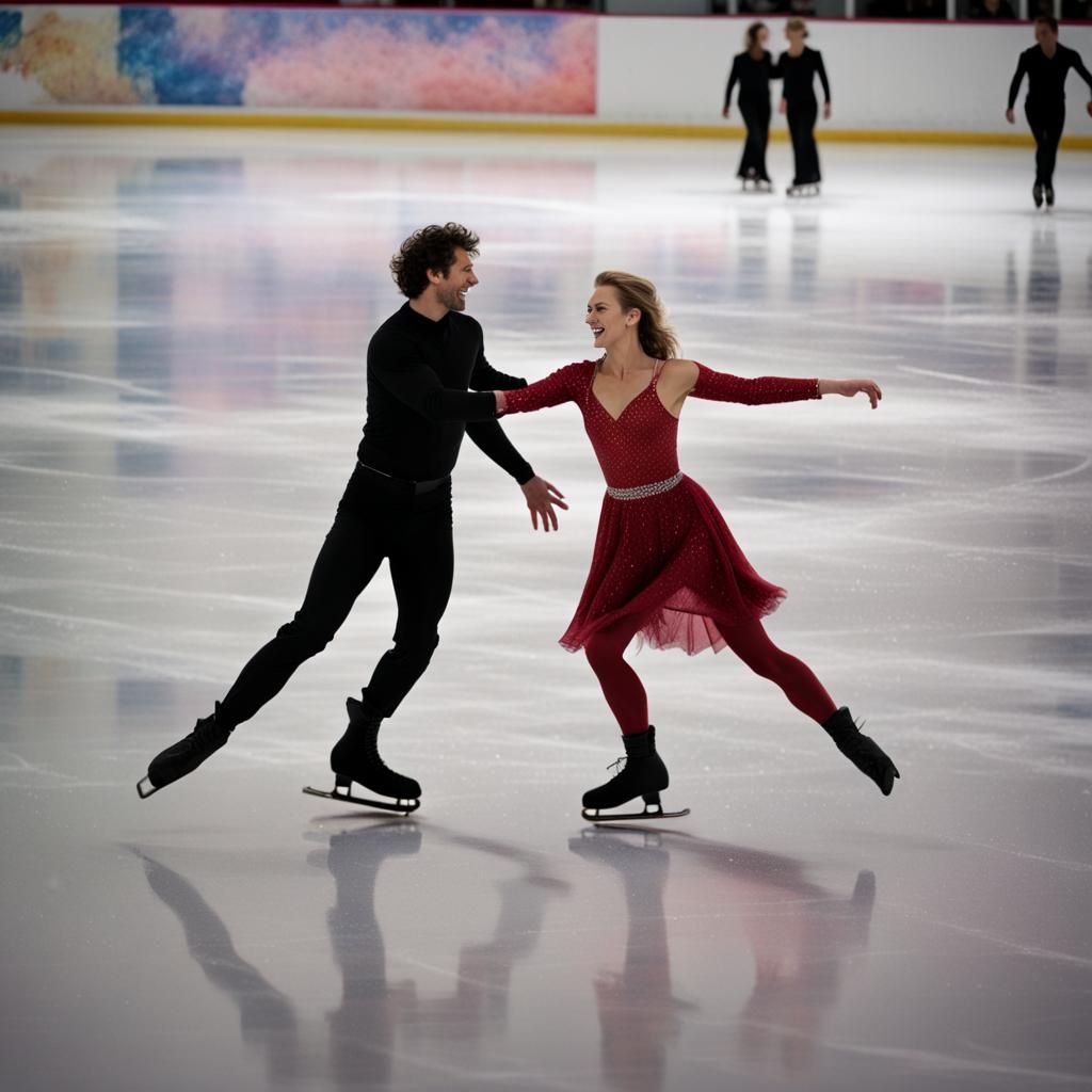 2 ice skaters, dancing across the ice, cosmic in space