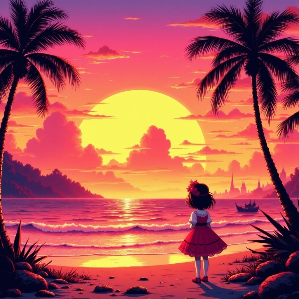 Cute Girl at Sunset Beach with Palm Trees