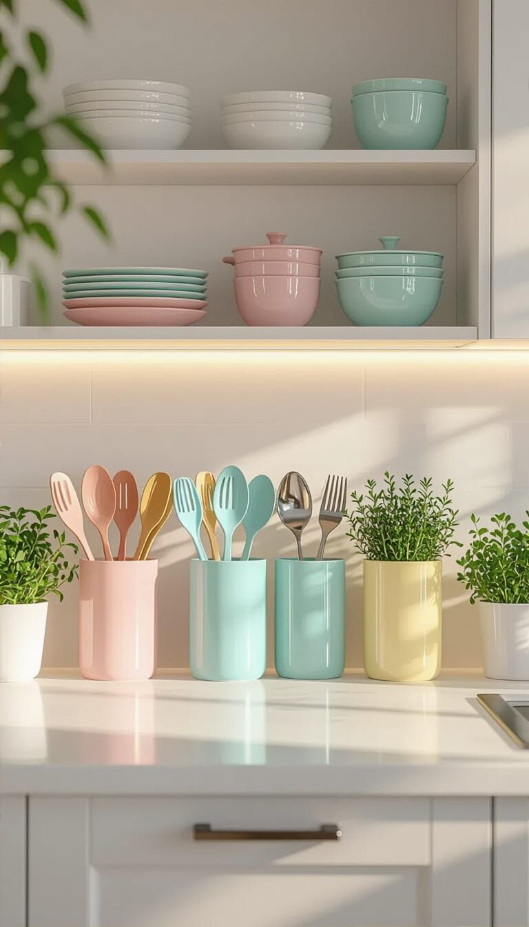 Modern White Kitchen with Pastel Utensils and Herbs