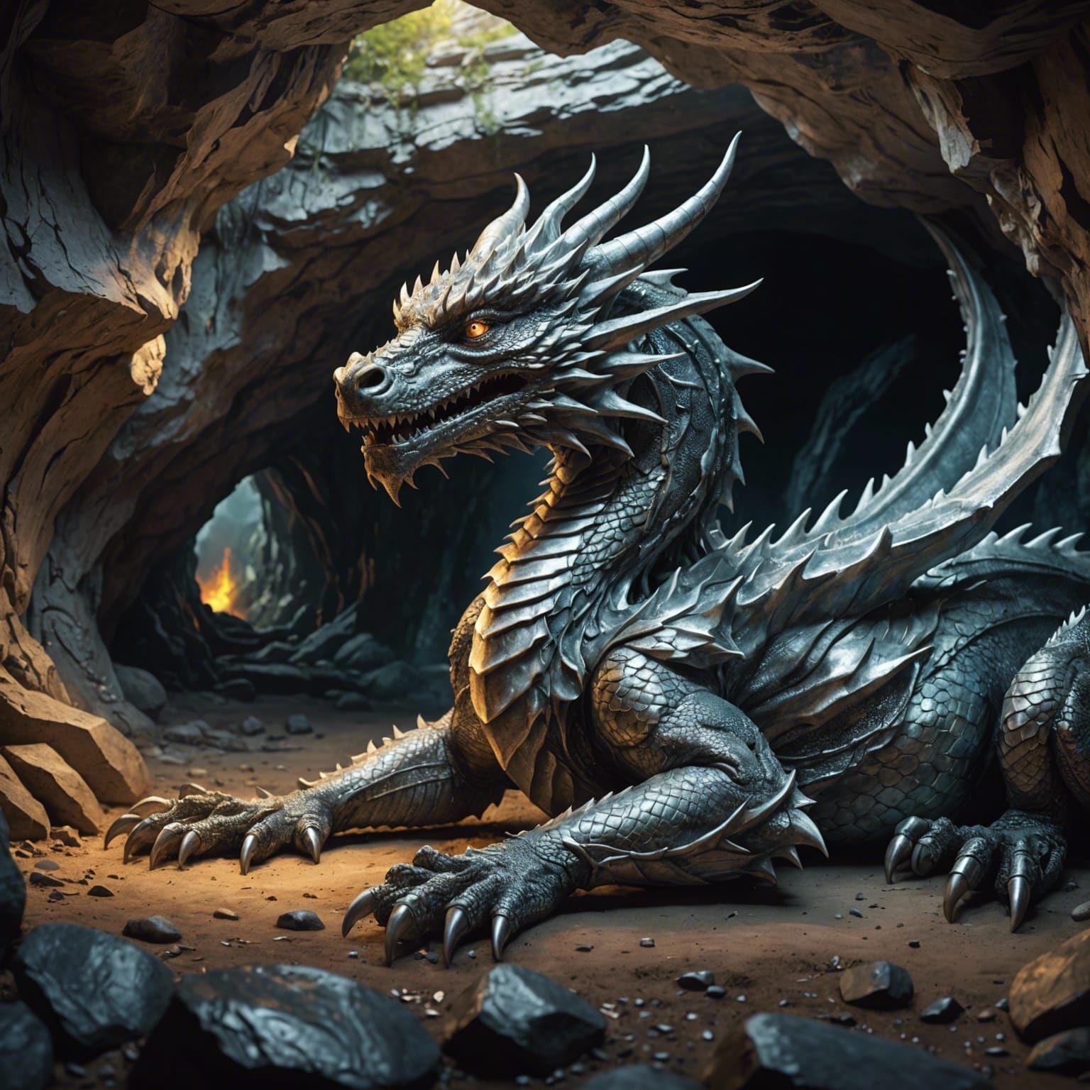 Silver Dragon in Cave: Hyperrealistic Splash Art