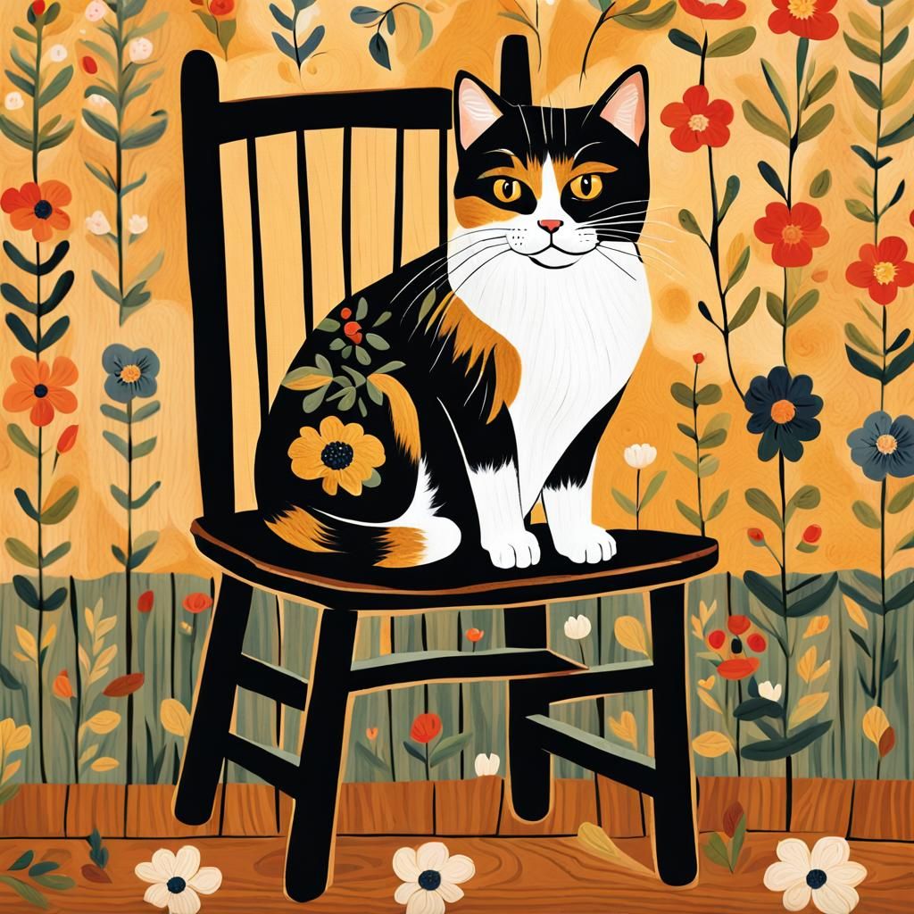 Calico Cat in Scandinavian Folk Art Style