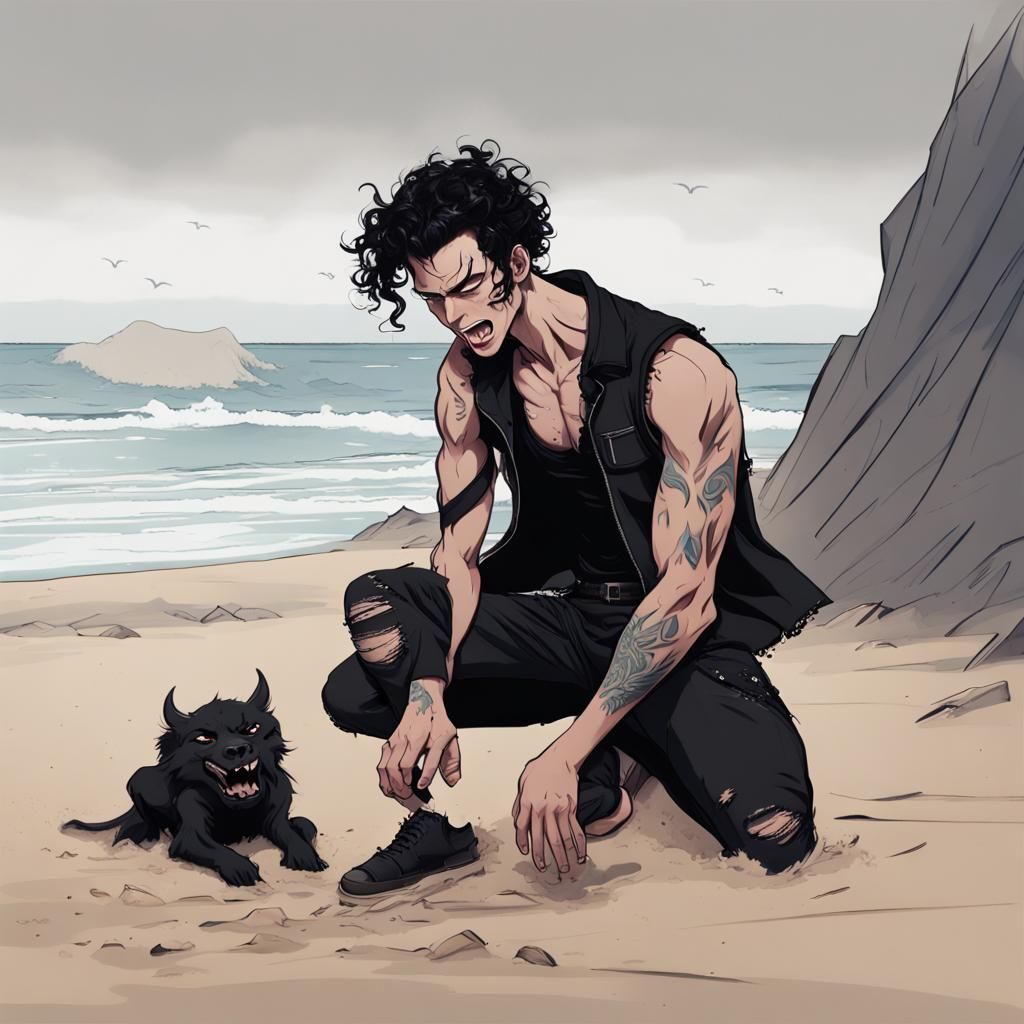 Crying Man with Demon on Beach: Fantasy Art