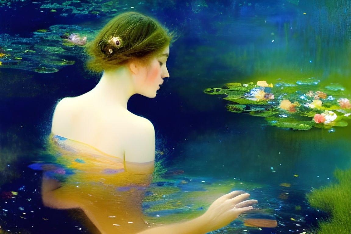 Sensual Mermaid in Sunset Pond: Gouache Watercolor Painting